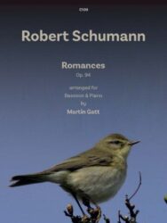 A book cover for Robert Schumann Romances Op. 94 arranged for Bassoon & Piano by Martin Gatt," featuring a small, light brown bird perched on a bare branch against a blue sky. The top left corner has the publisher number C109.