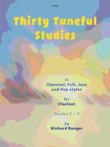 Cover of the sheet music book 'Thirty Tuneful Studies' for Clarinet by Richard Benger. The cover features the title in yellow text on a blue background with colorful, abstract shapes. The text also indicates the studies are 'in Classical, Folk, Jazz and Pop styles' and are 'for Clarinet Grades 2 – 5'.