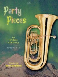 A book cover titled Party Pieces for Eb Bass & Piano, Grades 2-5, with music by Mark Goddard. The cover features a gold Eb Bass on the right side and a colourful banner of triangular flags across the top, all set against a textured, green northern lights over a mountain background. The text "C471" is in the top centre.