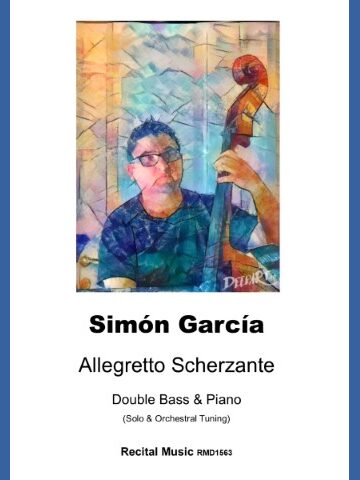 Colourful abstract image of composer Simon Garcia on the cover of a piece of sheet music called "Allegretto Scherzante" Double Bass & Piano (Solo & Orchestral Tuning) Recital Music RMD1563.