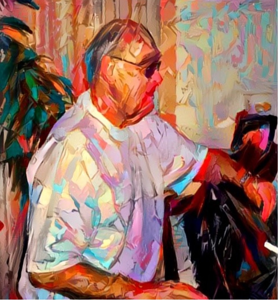 Colourful painting of American composer Armand Russell sitting at a piano