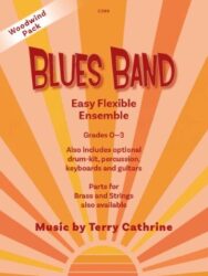 This image shows the cover of a woodwind musical ensemble pack titled "Blues Band" by Terry Cathrine. It is designed for flexible ensembles and includes optional parts for drums, percussion, keyboards, and guitars. The score is suitable for students in grades 0-3 and parts for woodwind and string instruments are also available. This piece is part of the Clifton Edition with the catalogue number C399. The score is intended for beginners and features a simple 12-bar blues structure. The colour is mainly oranges and yellow