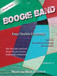 The image shows a music book cover for "Boogie Band" designed for easy, flexible ensembles, with parts for woodwind and strings, as well as optional drum-kit, percussion, keyboards, and guitars available. It's suitable for grades 0-3 and is written by Mark Goddard. The cover features a colourful, brick-like background with the title in a bold, stylized font.