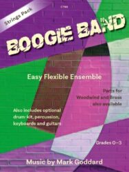 The image shows the cover of a musical arrangement called "Boogie Band" for an easy and flexible ensemble. Parts for woodwind and brass, and also optional parts for drum-kit, percussion, keyboards, and guitars are available. The music is written by Mark Goddard and is suitable for Grades 0-3. The cover has a colorful, brick-like background with text and shapes overlaid.