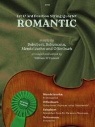 A music book cover titled "1st & 3rd Position String Quartet ROMANTIC," featuring music by Schubert, Schumann, Mendelssohn, and Offenbach, arranged and edited by William McConnell. The cover has a green background with a draped fabric texture on the top half and the f-hole and bridge area of a violin on the bottom half. A green ribbon rosette with "1st & 3rd Position" written on it is pinned to the violin body. The composers and their respective pieces included in the quartet are listed: Mendelssohn's "Frühlingslied," Offenbach's "Galop from 'Orpheus in the Underworld'," Schubert's "Ständchen from Six Moments Musicaux," and Schumann's "Träumerei." The reference number C719 is at the top center.