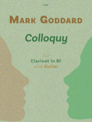 Cover image of a piece of sheet music by Mark Goddard called Colloquy for Clarinet in B flat and Guitar. The clifton Edition catalogue number is shown as C848. The backgorund is a silhouette profile of 2 faces: one is pink and the other green.