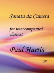 Abstract image for a sheet music publication which show the text as Sonata da Camera for unaccompanied clarinet Paul Harris QT2The back grond is like an abstract san dune.